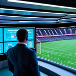 **Prompt:** A futuristic, high-tech sports marketing strategy room. Holographic projections display detailed data analytics, fan engagement metrics, and financial charts, overlaid on a vibrant stadium view. Professionals in modern business attire are collaborating, pointing at screens. Dynamic lighting, sharp focus, digital art, high resolution.