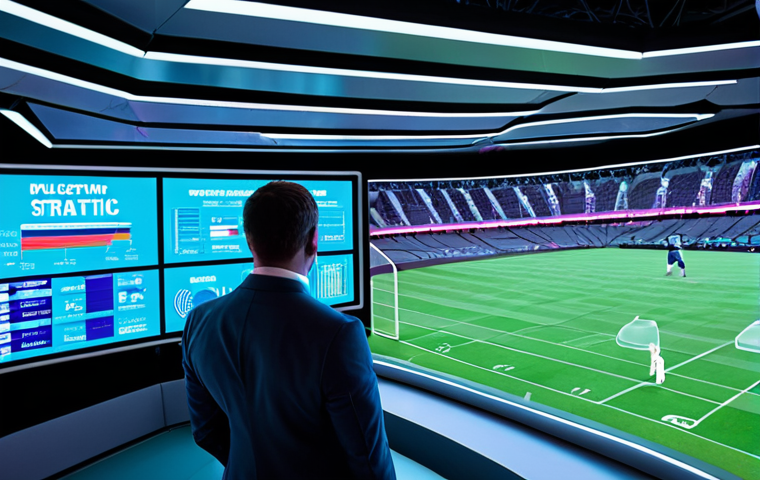 **Prompt:** A futuristic, high-tech sports marketing strategy room. Holographic projections display detailed data analytics, fan engagement metrics, and financial charts, overlaid on a vibrant stadium view. Professionals in modern business attire are collaborating, pointing at screens. Dynamic lighting, sharp focus, digital art, high resolution.