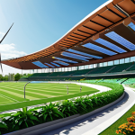 **Prompt:** A vibrant, modern sports stadium featuring solar panels on the roof and wind turbines in the background. Fans are seen arriving via bicycles and electric buses. The stadium is surrounded by lush greenery and landscaping. Focus on the eco-friendly design and sustainable energy integration.