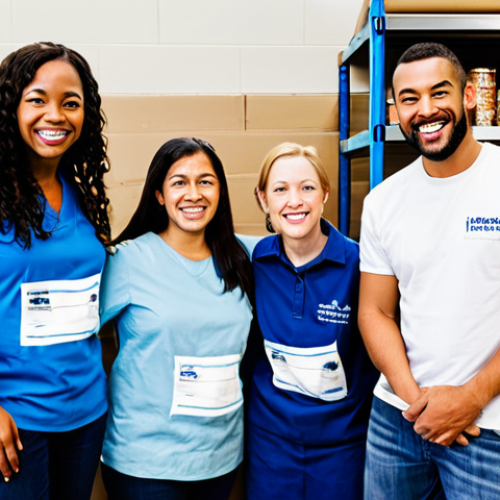 Home 9 Community Engagement**
"A diverse group of volunteers, fully clothed in casual attire, helping at a local food bank, safe for work, appropriate content, professional photography, modest, family-friendly scene, perfect anatomy, natural proportions, well-lit, daytime, happy and engaged expressions."
**