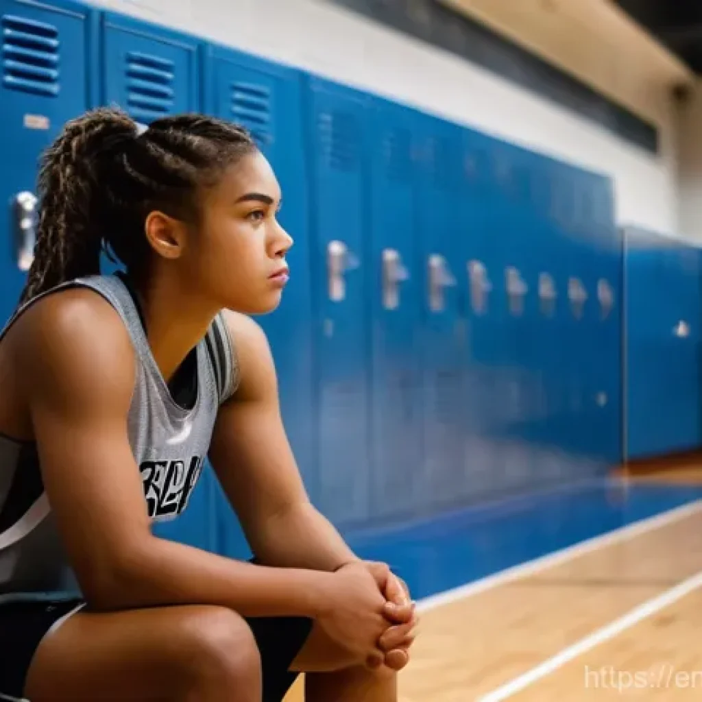 스포츠마케팅 관련 동영상 콘텐츠 제작 - A young, determined female basketball player sits alone on a bench in a dimly lit, clean locker room...