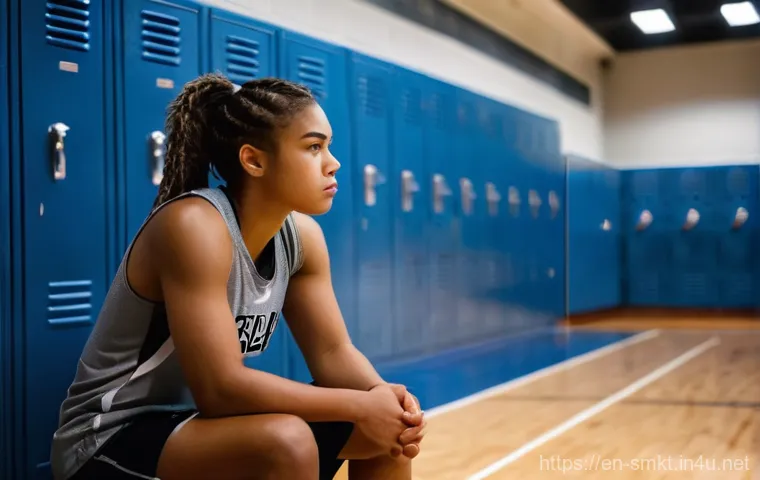 스포츠마케팅 관련 동영상 콘텐츠 제작 - A young, determined female basketball player sits alone on a bench in a dimly lit, clean locker room...