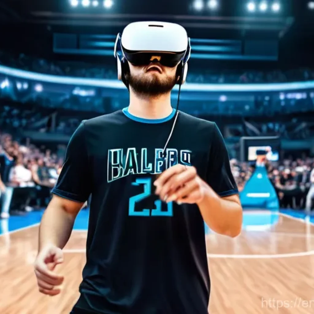 스포츠마케팅 최신 기술 트렌드 - **Prompt 1: Immersive Fan Experience with VR/AR**
"A young adult fan, fully clothed in a casual ...