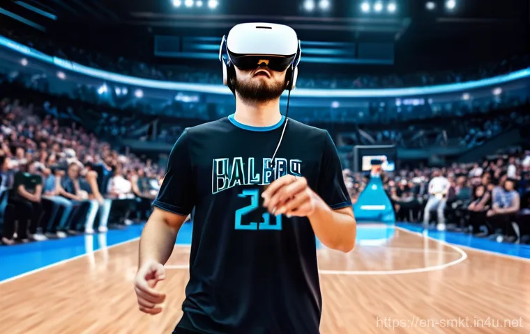 스포츠마케팅 최신 기술 트렌드 - **Prompt 1: Immersive Fan Experience with VR/AR**
    "A young adult fan, fully clothed in a casual ...