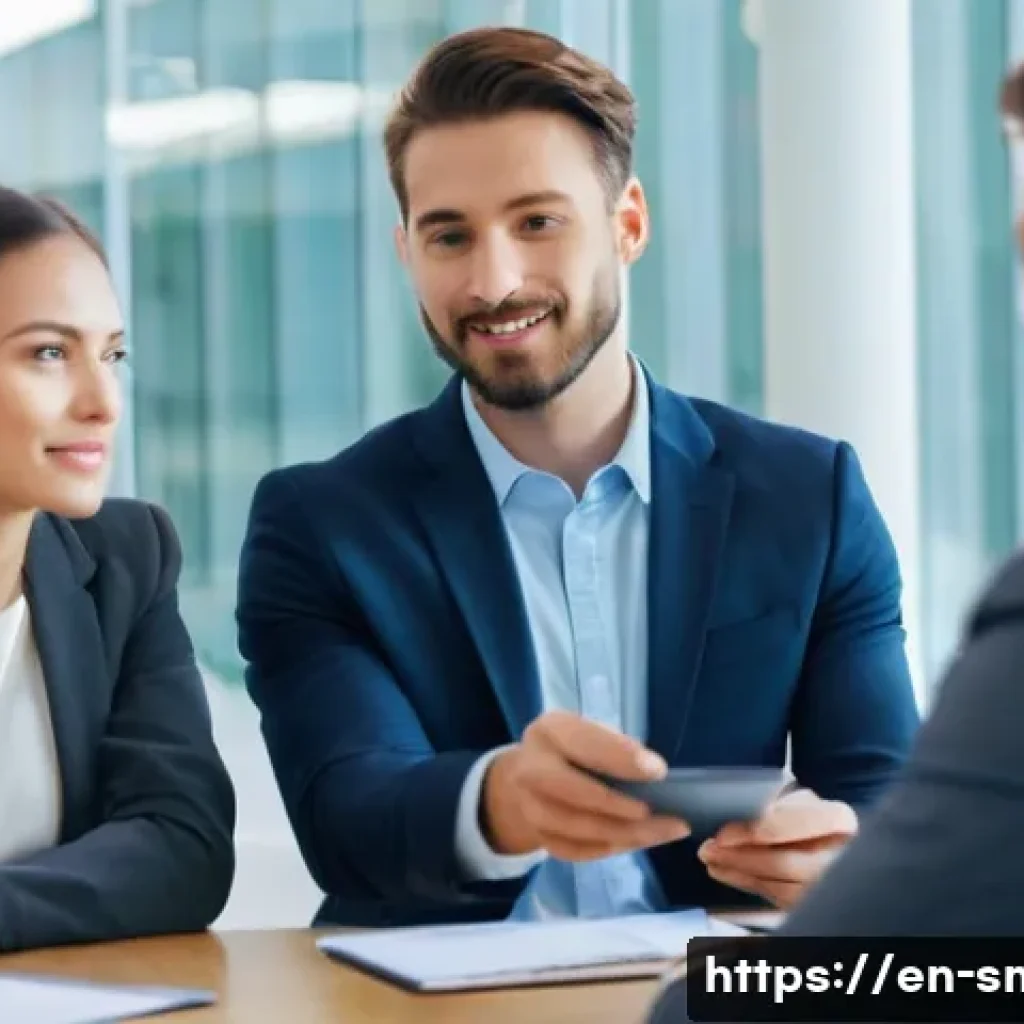 스포츠마케팅 직무에서의 커뮤니케이션 향상 방법 - **Prompt:** A diverse group of three business professionals, two men and one woman, are gathered in ...