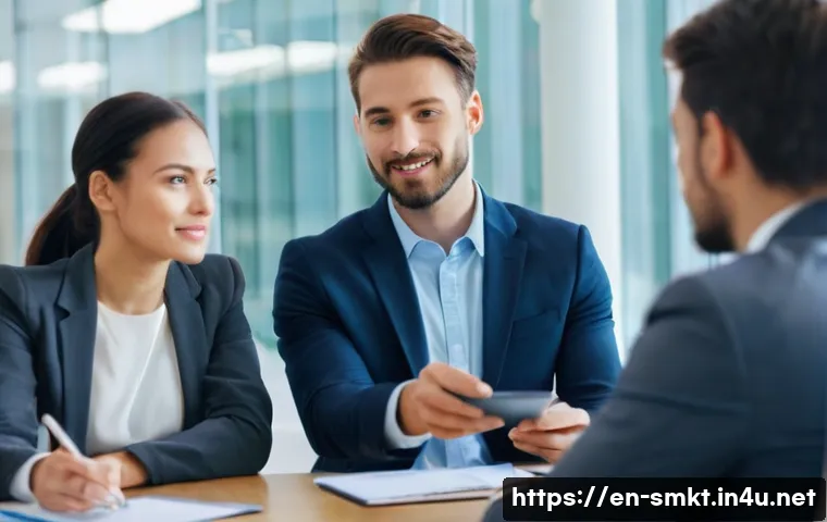 스포츠마케팅 직무에서의 커뮤니케이션 향상 방법 - **Prompt:** A diverse group of three business professionals, two men and one woman, are gathered in ...