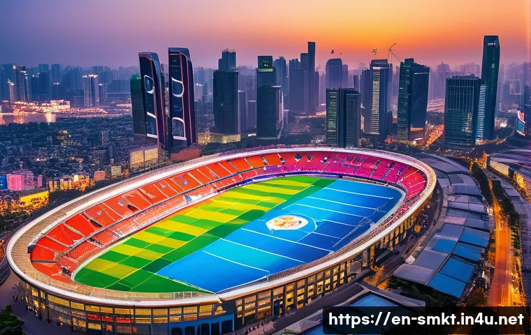 스포츠 이벤트의 경제적 가치 측정 - A vibrant cityscape during a major international sports event, featuring a large modern stadium fill...