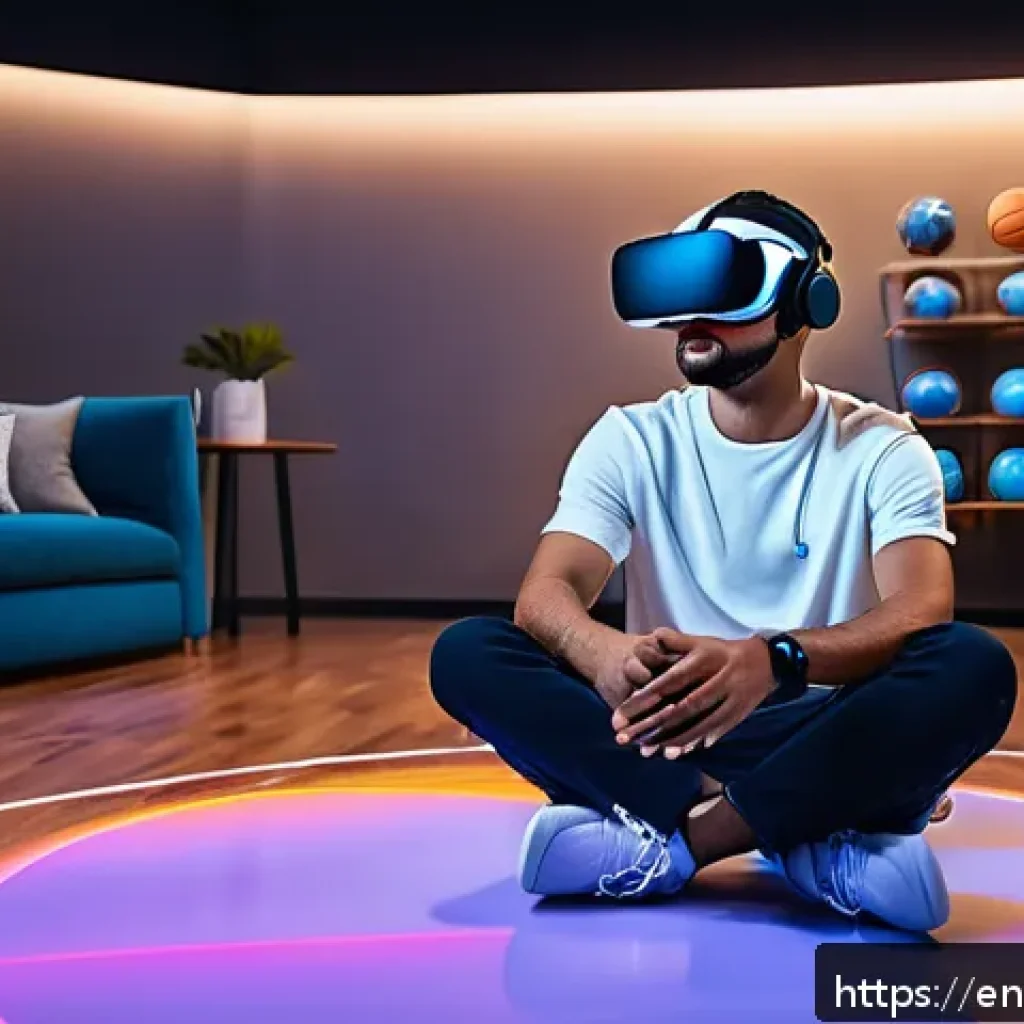 스포츠 산업 트렌드와 마케팅 전략 - A futuristic sports fan sitting comfortably in a modern living room, wearing a VR headset and intera...