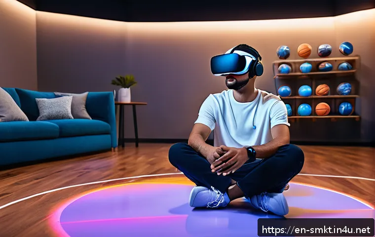 스포츠 산업 트렌드와 마케팅 전략 - A futuristic sports fan sitting comfortably in a modern living room, wearing a VR headset and intera...