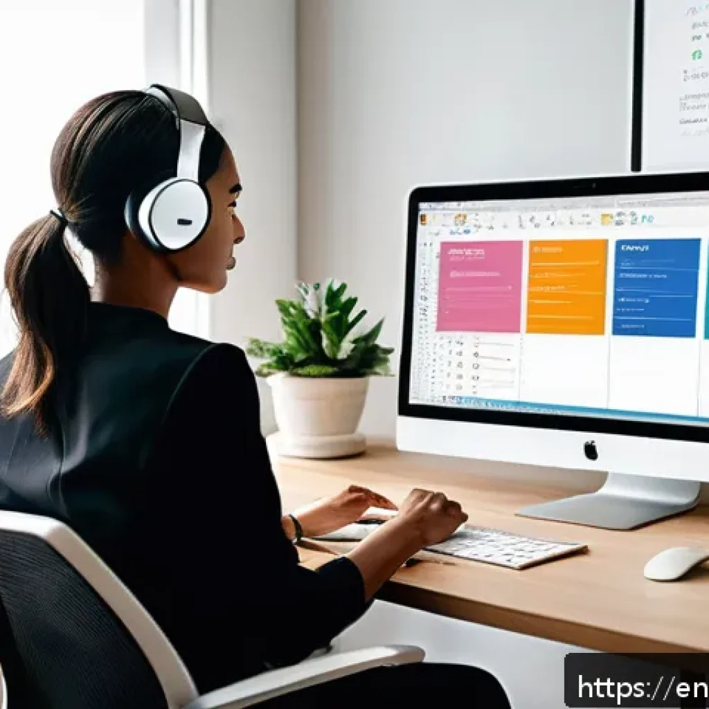스포츠마케팅 전문가의 시간 관리 노하우 - A modern home office scene featuring a young professional woman sitting at a clean, minimalist desk ...