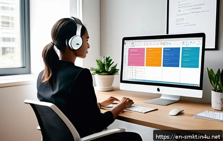 스포츠마케팅 전문가의 시간 관리 노하우 - A modern home office scene featuring a young professional woman sitting at a clean, minimalist desk ...