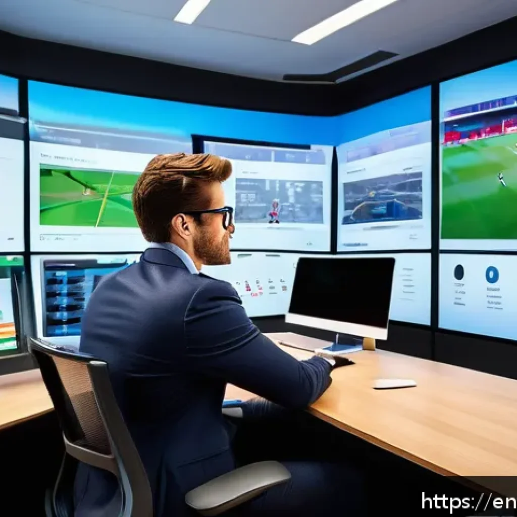 스포츠마케팅 전문가로서의 경력 관리 전략 - A professional sports marketing expert sitting confidently at a modern office desk, multiple digital...