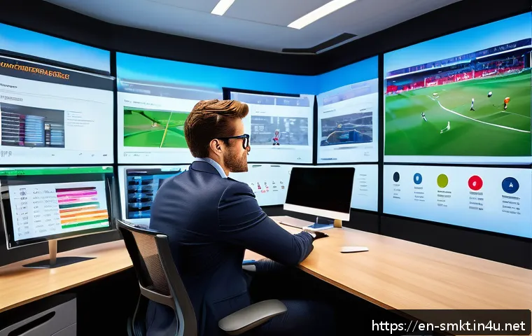 스포츠마케팅 전문가로서의 경력 관리 전략 - A professional sports marketing expert sitting confidently at a modern office desk, multiple digital...