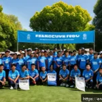 스포츠마케팅에서의 파트너십 구축 방법 - A vibrant scene of a local sports team collaborating with a community-focused brand at a neighborhoo...