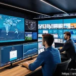 스포츠마케팅 직무와 관련된 주요 기술적 동향 - A vibrant sports marketing control room showcasing a diverse team of professionals analyzing real-ti...