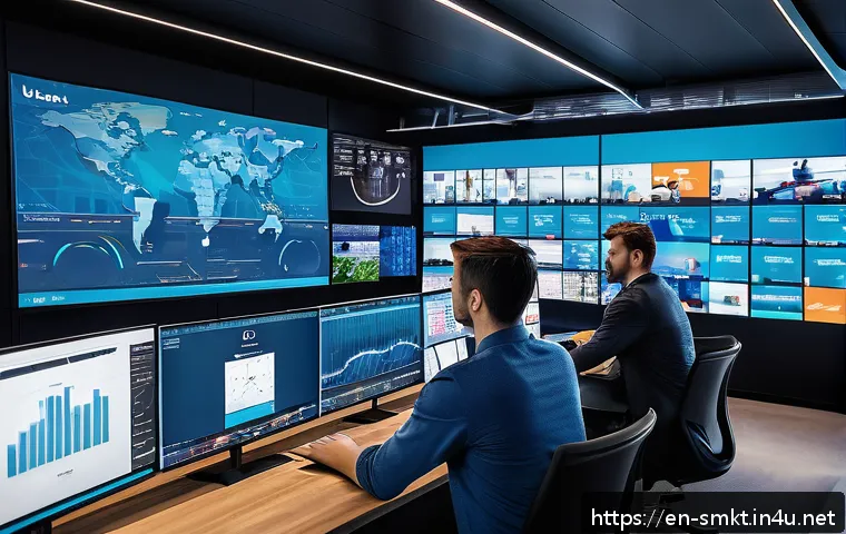 스포츠마케팅 직무와 관련된 주요 기술적 동향 - A vibrant sports marketing control room showcasing a diverse team of professionals analyzing real-ti...