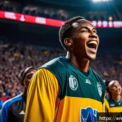 스포츠 브랜드와 팬 커뮤니티 관리 전략 - A vibrant, emotionally charged sports storytelling scene featuring a diverse group of athletes shari...