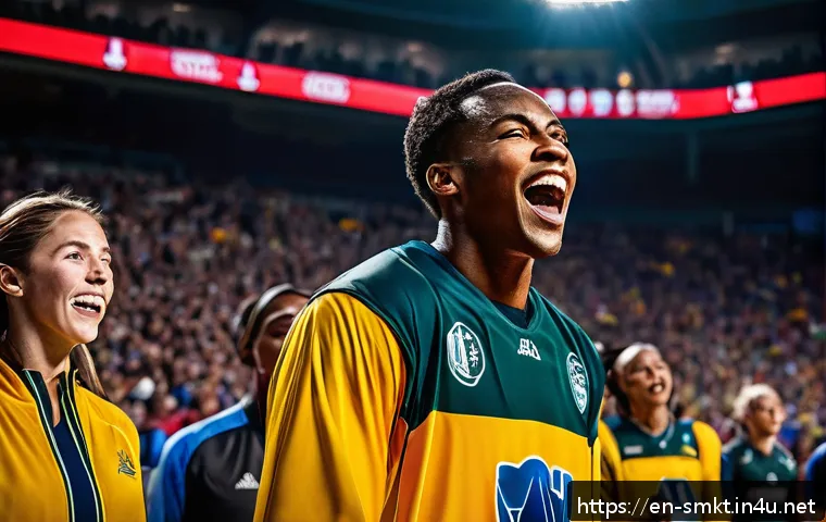 스포츠 브랜드와 팬 커뮤니티 관리 전략 - A vibrant, emotionally charged sports storytelling scene featuring a diverse group of athletes shari...
