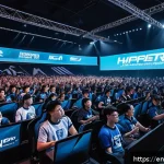 스포츠마케팅 관련 전공 선택 가이드 - A dynamic esports marketing scene inside a modern event arena, featuring diverse young adults wearin...