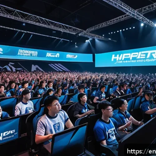 스포츠마케팅 관련 전공 선택 가이드 - A dynamic esports marketing scene inside a modern event arena, featuring diverse young adults wearin...