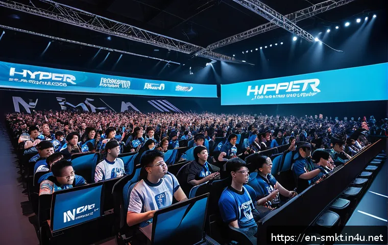 스포츠마케팅 관련 전공 선택 가이드 - A dynamic esports marketing scene inside a modern event arena, featuring diverse young adults wearin...