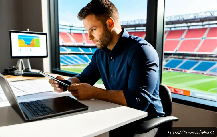 Home 17 스포츠마케팅 전문가로서의 자기계발 및 성장 계획 - Photorealistic sports marketing professional in a modern American stadium office, reviewing a season...