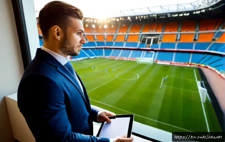 스포츠마케팅 전문가의 경력 목표 설정 - Photorealistic sports marketing professional in a modern stadium executive suite, diverse young adul...