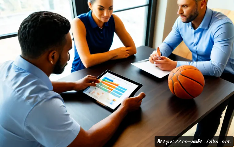 Home 13 스포츠마케팅에서 비즈니스 모델 개발 - Photorealistic sports marketing business model development meeting in a modern American office, dive...