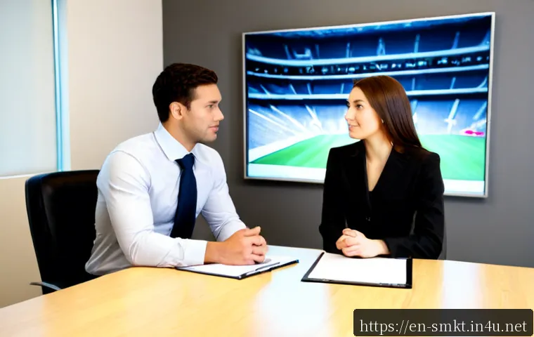 Home 26 스포츠마케팅 면접에서 자주 묻는 질문 - Photorealistic sports marketing job interview in a modern American office, confident young candidate...